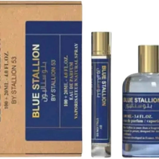 The Blue Stallion by Stallion 53 Eau de Parfum Spray Gift Set by North Point includes a full-size bottle with a silver cap, a travel spray, and comes in sophisticated blue and gold packaging.