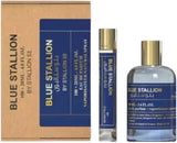 The Blue Stallion by Stallion 53 Eau de Parfum Spray Gift Set by North Point includes a full-size bottle with a silver cap, a travel spray, and comes in sophisticated blue and gold packaging.